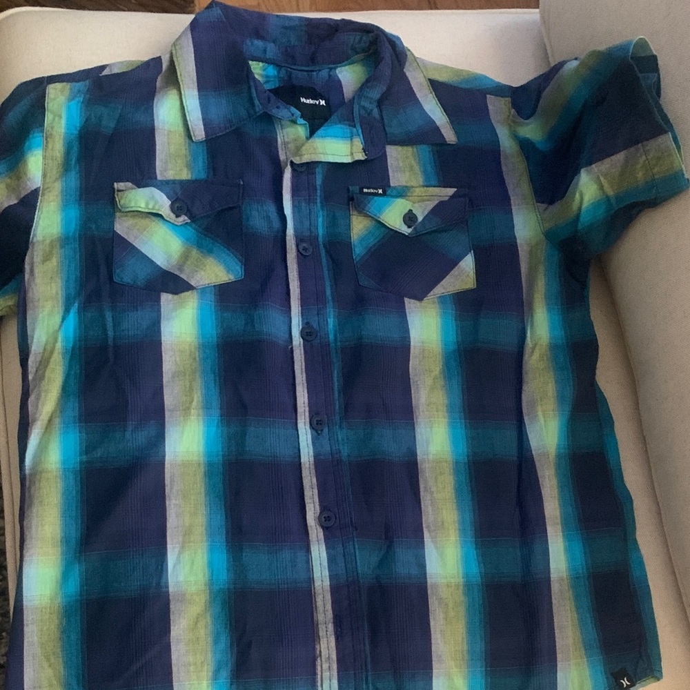 Hurley Blue and Green Plaid Button Down